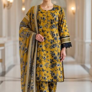 khaddar printed yellow 3 piece frock