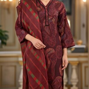 printed khaddar stitched long shirt (3 piece)
