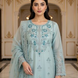 powder blue embroidered cotton suit stitched summer collection