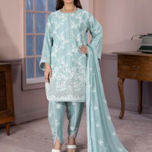 embroidered 3 piece cotton suit with short shirt stitched summer collection