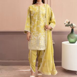 embroidered 3 piece cotton suit with short shirt stitched summer collection